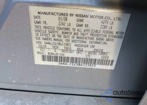 2008 Nissan Altima 2.5 S z USA, uszkodzony, nr VIN 1N4AL21E38N533952